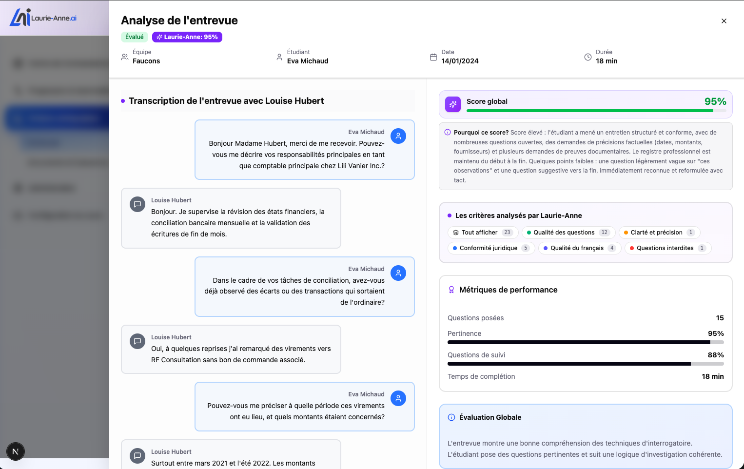 Vue enseignant: analyse IA des échanges